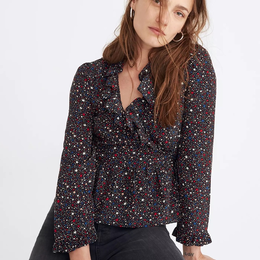 MADEWELL Silk Ruffle-Hem Wrap Top in Starry Night